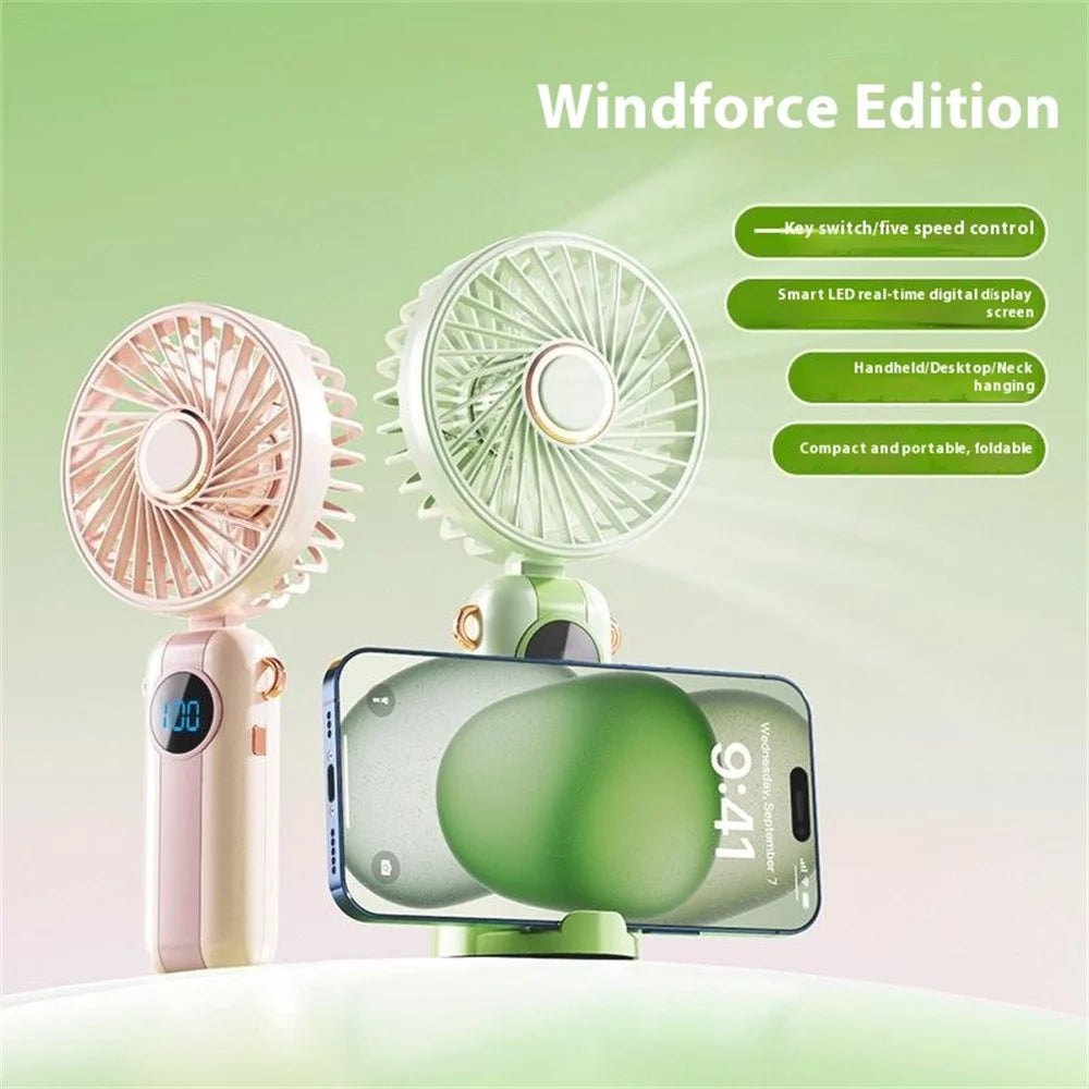 LEHOGAI F66 Digital Display Foldable Handheld Fan 5 Speeds Adjustable Portable Desktop Fan Phone Holder - Mint Green - 7