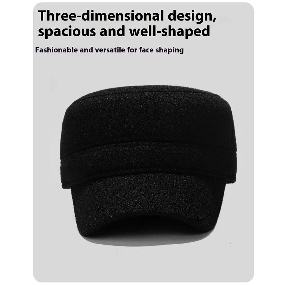 Winter Solid Color Flat Top Cap Thermal Fleece Lined Military Hat Built In Windproof Ear Flaps - Black - 3
