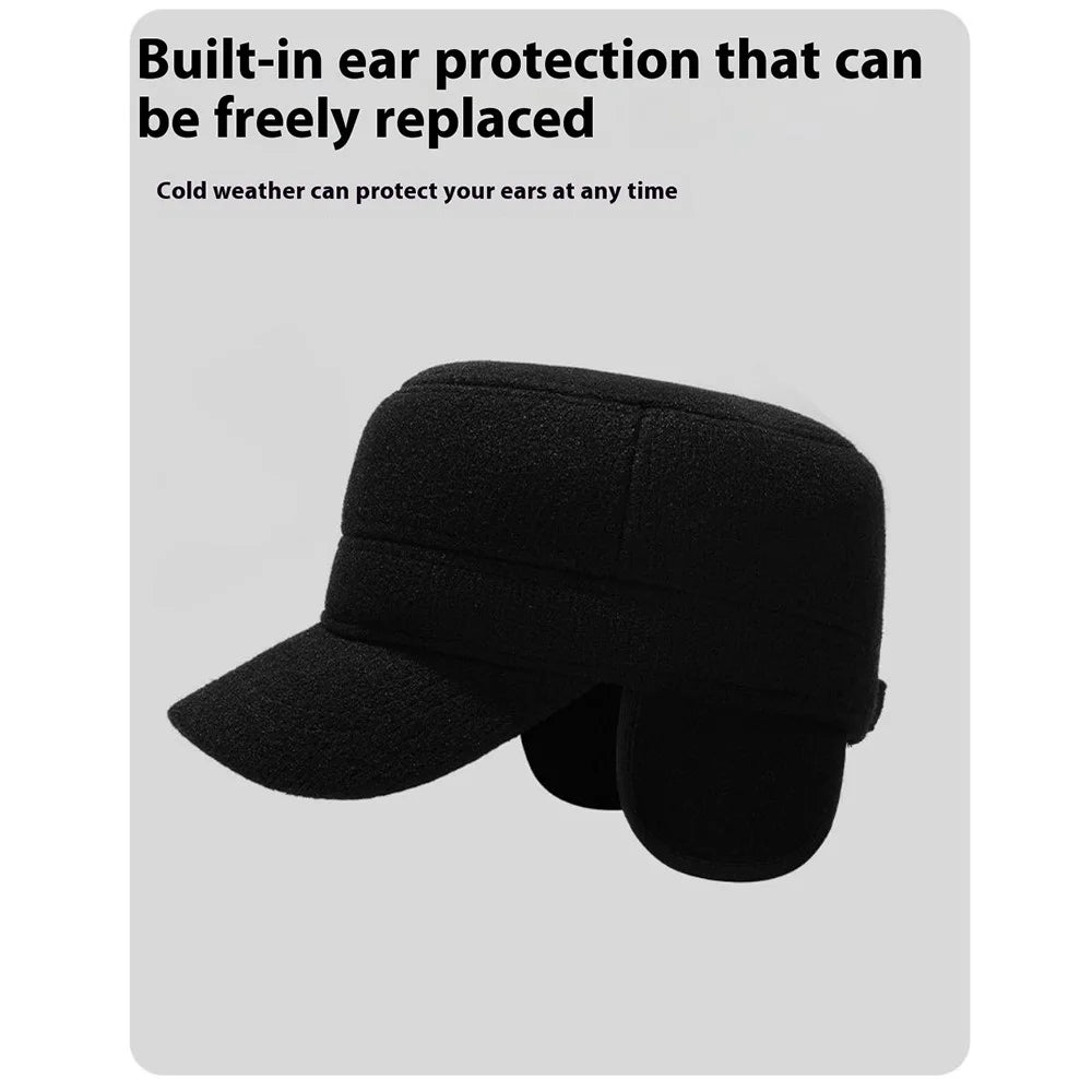 Winter Solid Color Flat Top Cap Thermal Fleece Lined Military Hat Built In Windproof Ear Flaps - Black - 4