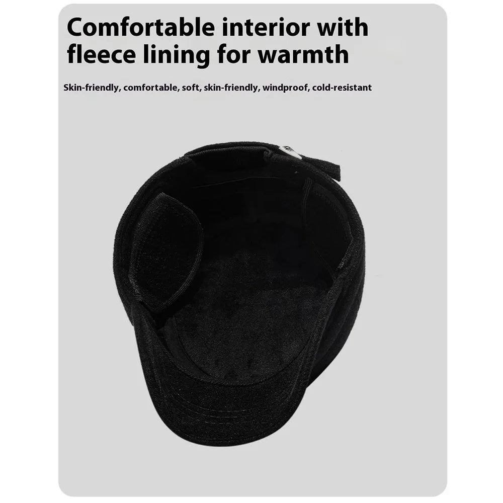 Winter Solid Color Flat Top Cap Thermal Fleece Lined Military Hat Built In Windproof Ear Flaps - Black - 5