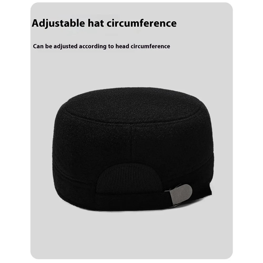 Winter Solid Color Flat Top Cap Thermal Fleece Lined Military Hat Built In Windproof Ear Flaps - Black - 6