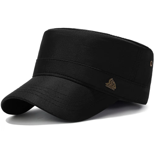 JUNGLE BILL Fashion Casual Flat Top Cap Outdoor Quick Dry Waterproof Sun Protection Hat with Metal Badge - Black - 1