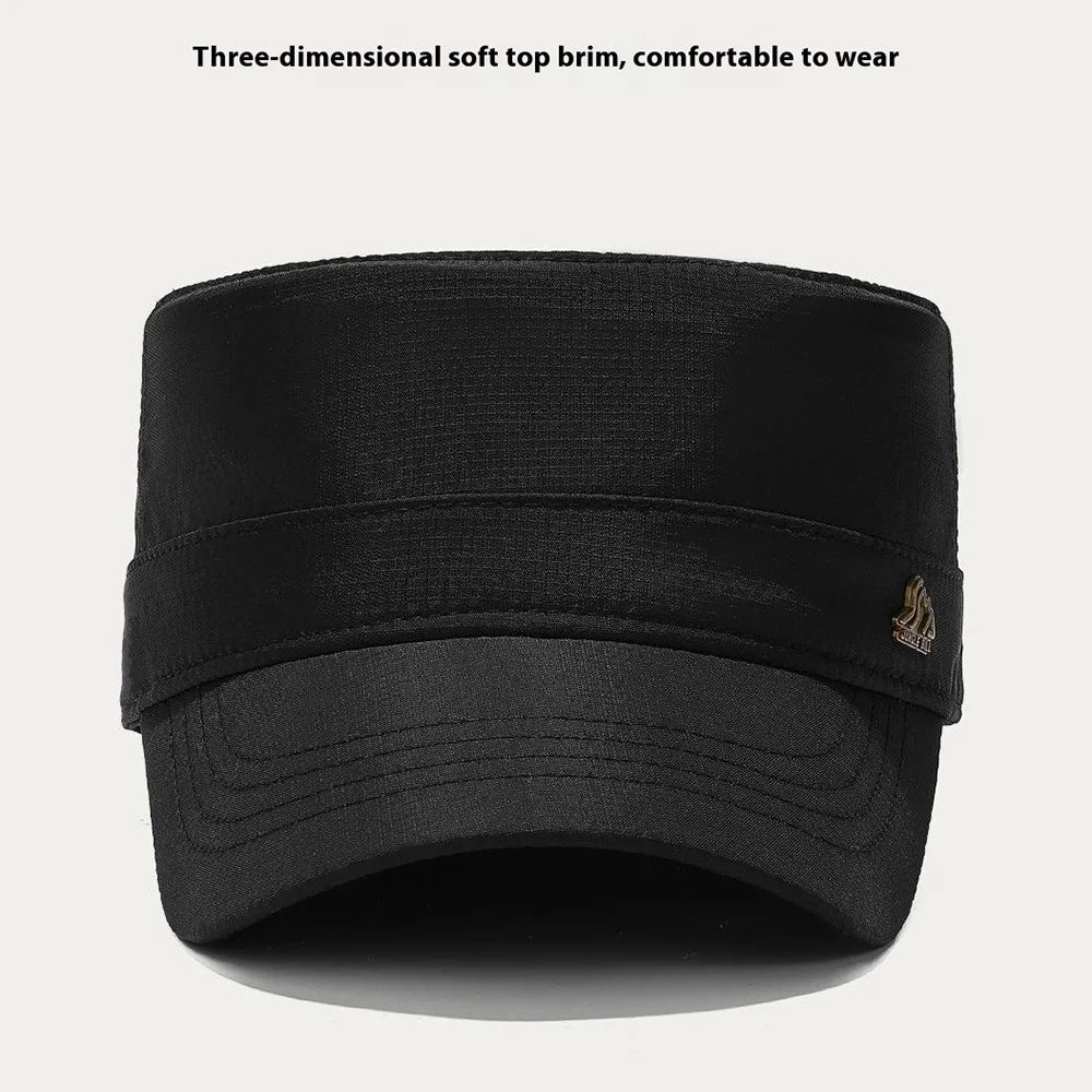 JUNGLE BILL Fashion Casual Flat Top Cap Outdoor Quick Dry Waterproof Sun Protection Hat with Metal Badge - Black - 2