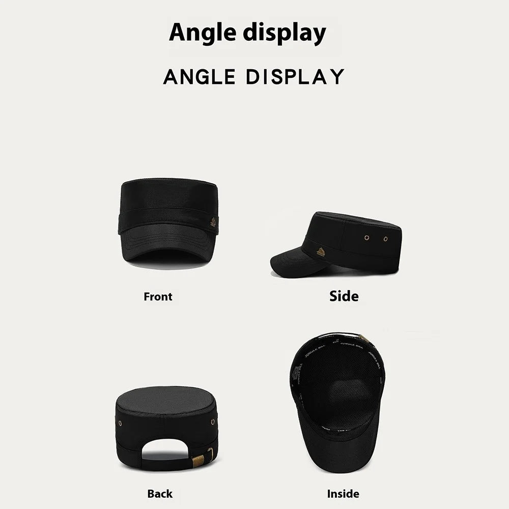 JUNGLE BILL Fashion Casual Flat Top Cap Outdoor Quick Dry Waterproof Sun Protection Hat with Metal Badge - Black - 3
