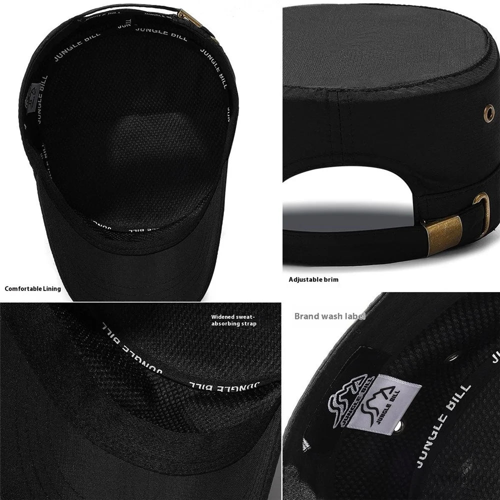 JUNGLE BILL Fashion Casual Flat Top Cap Outdoor Quick Dry Waterproof Sun Protection Hat with Metal Badge - Black - 5