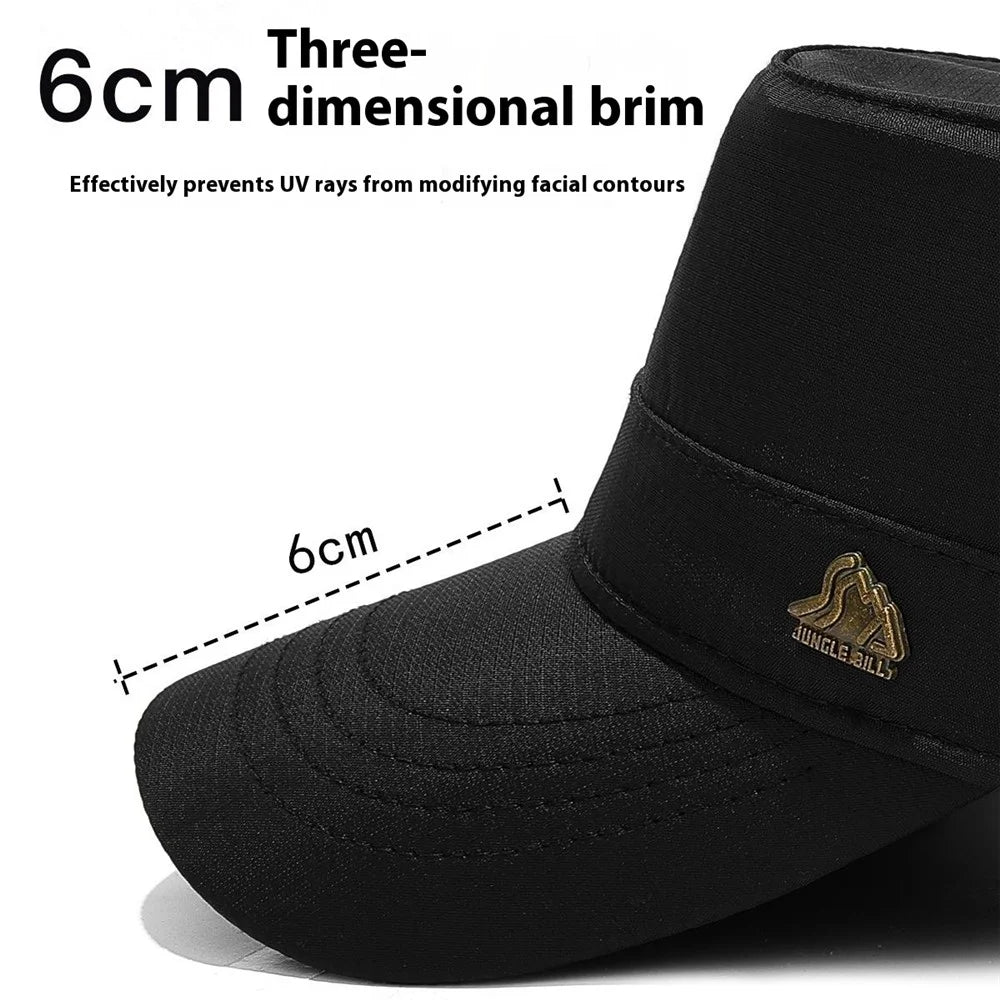 JUNGLE BILL Fashion Casual Flat Top Cap Outdoor Quick Dry Waterproof Sun Protection Hat with Metal Badge - Black - 6