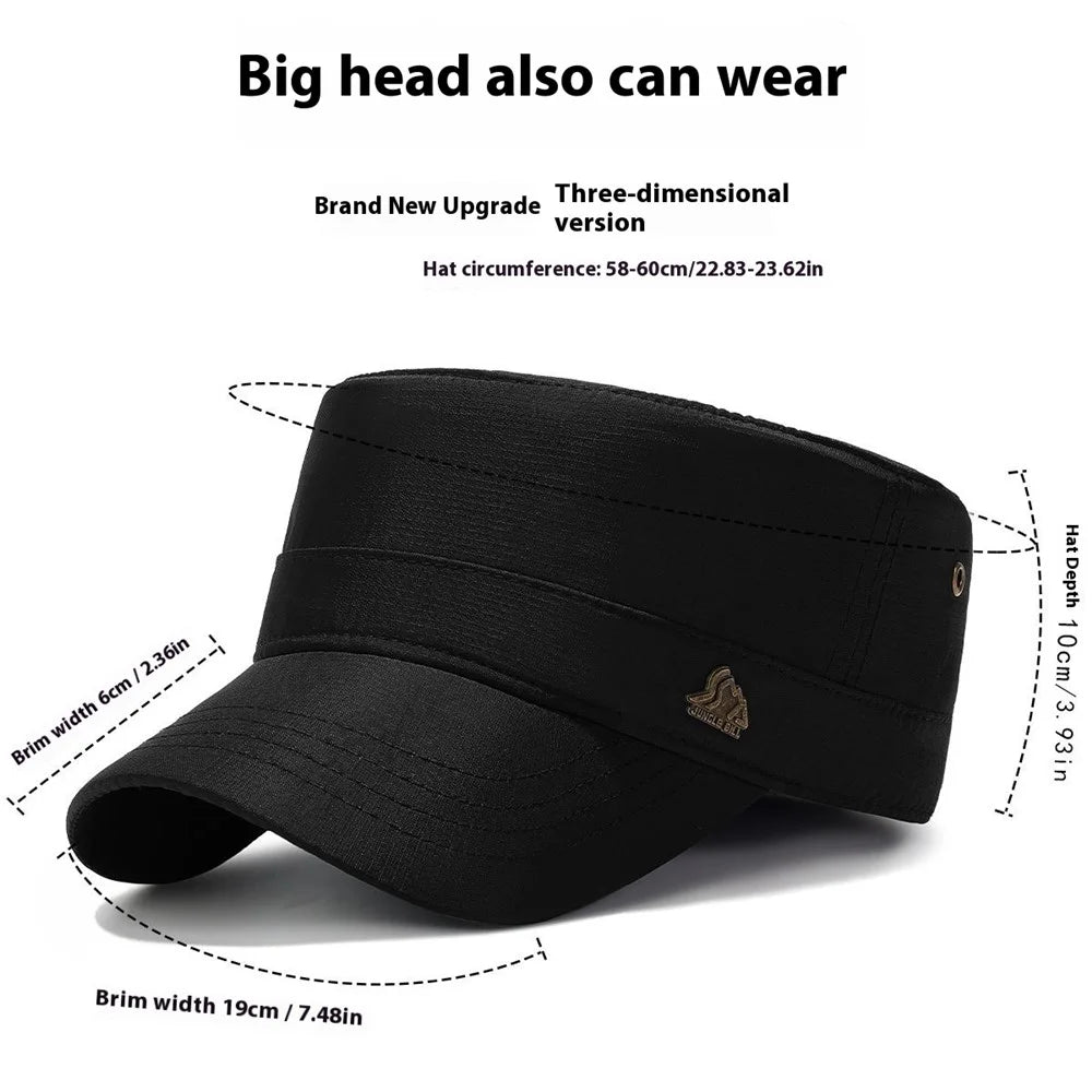 JUNGLE BILL Fashion Casual Flat Top Cap Outdoor Quick Dry Waterproof Sun Protection Hat with Metal Badge - Black - 7