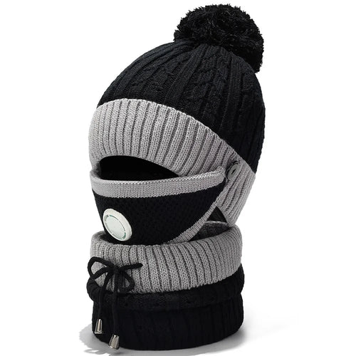 2025D14 Winter Windproof Knit Beanie Hat Face Mask Neck Warmer 3-Piece Set - Black+Grey - 1