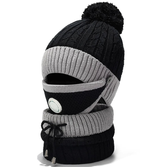 2025D14 Winter Windproof Knit Beanie Hat Face Mask Neck Warmer 3-Piece Set - Black+Grey - 1