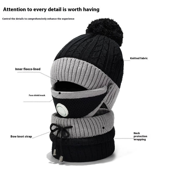 2025D14 Winter Windproof Knit Beanie Hat Face Mask Neck Warmer 3-Piece Set - Black+Grey - 2