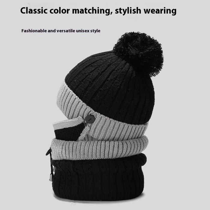 2025D14 Winter Windproof Knit Beanie Hat Face Mask Neck Warmer 3-Piece Set - Black+Grey - 3