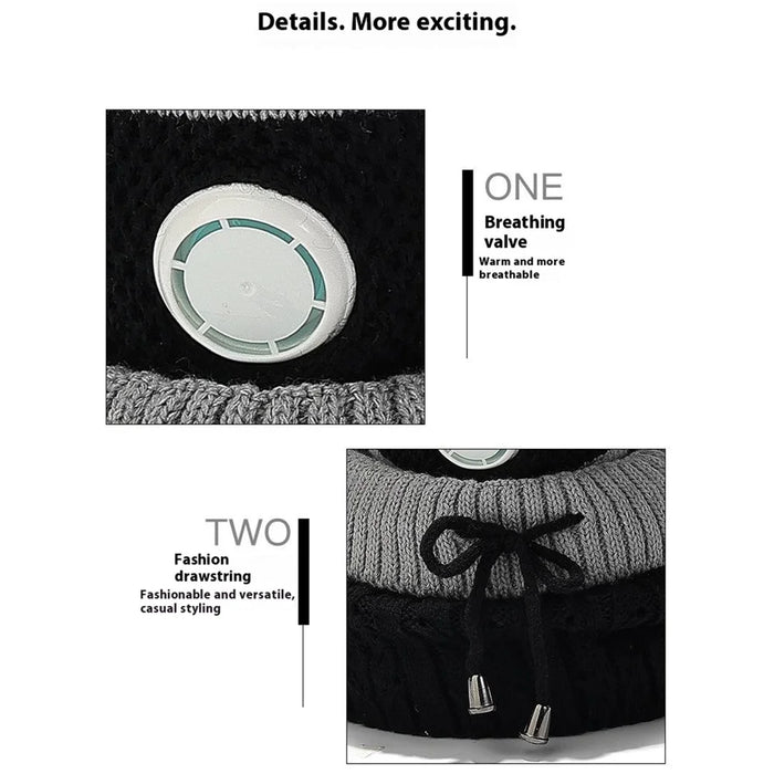 2025D14 Winter Windproof Knit Beanie Hat Face Mask Neck Warmer 3-Piece Set - Black+Grey - 6