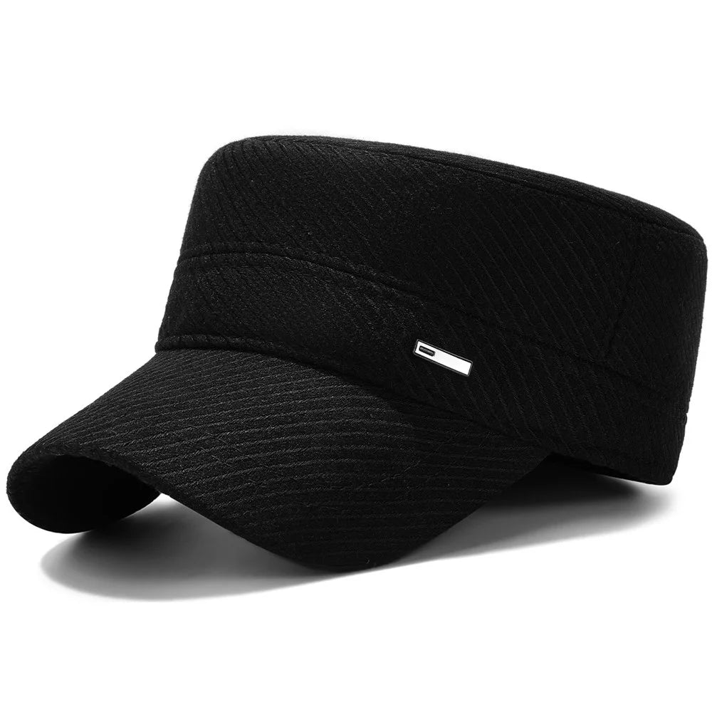 2025d19 Men Winter Outdoor Hat Warm Fleece Lined Earflap Cap Adjustable Flat Top Hat - Black - 1