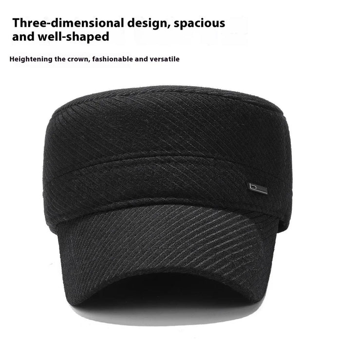 2025d19 Men Winter Outdoor Hat Warm Fleece Lined Earflap Cap Adjustable Flat Top Hat - Black - 2