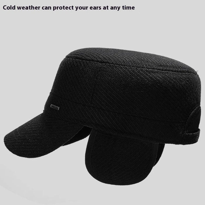 2025d19 Men Winter Outdoor Hat Warm Fleece Lined Earflap Cap Adjustable Flat Top Hat - Black - 3