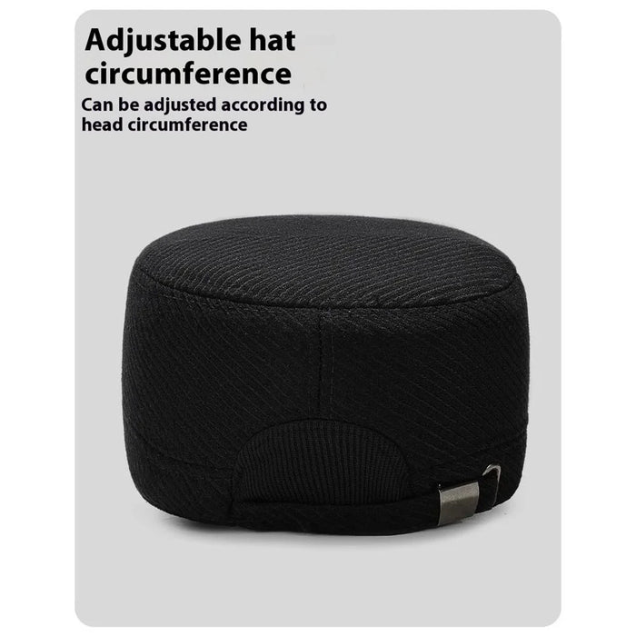 2025d19 Men Winter Outdoor Hat Warm Fleece Lined Earflap Cap Adjustable Flat Top Hat - Black - 6