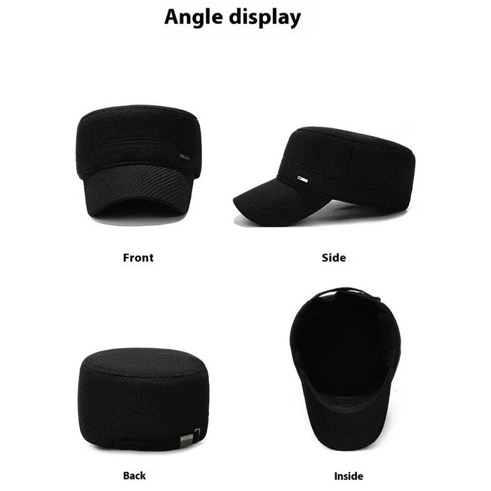 2025d19 Men Winter Outdoor Hat Warm Fleece Lined Earflap Cap Adjustable Flat Top Hat - Black - 7