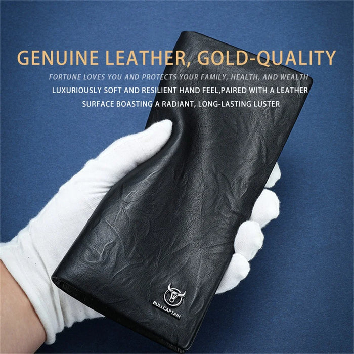 BULLCAPTAIN Top Layer Cowhide Leather Long Wallet Men Business Casual Bifold Purse with Keychain - 3