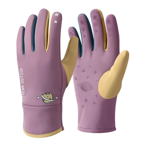 DRST41 Color Splicing Winter Gloves for Children Warm Fleece Lined Outdoor Cycling Non Slip Mittens - Purple - 1
