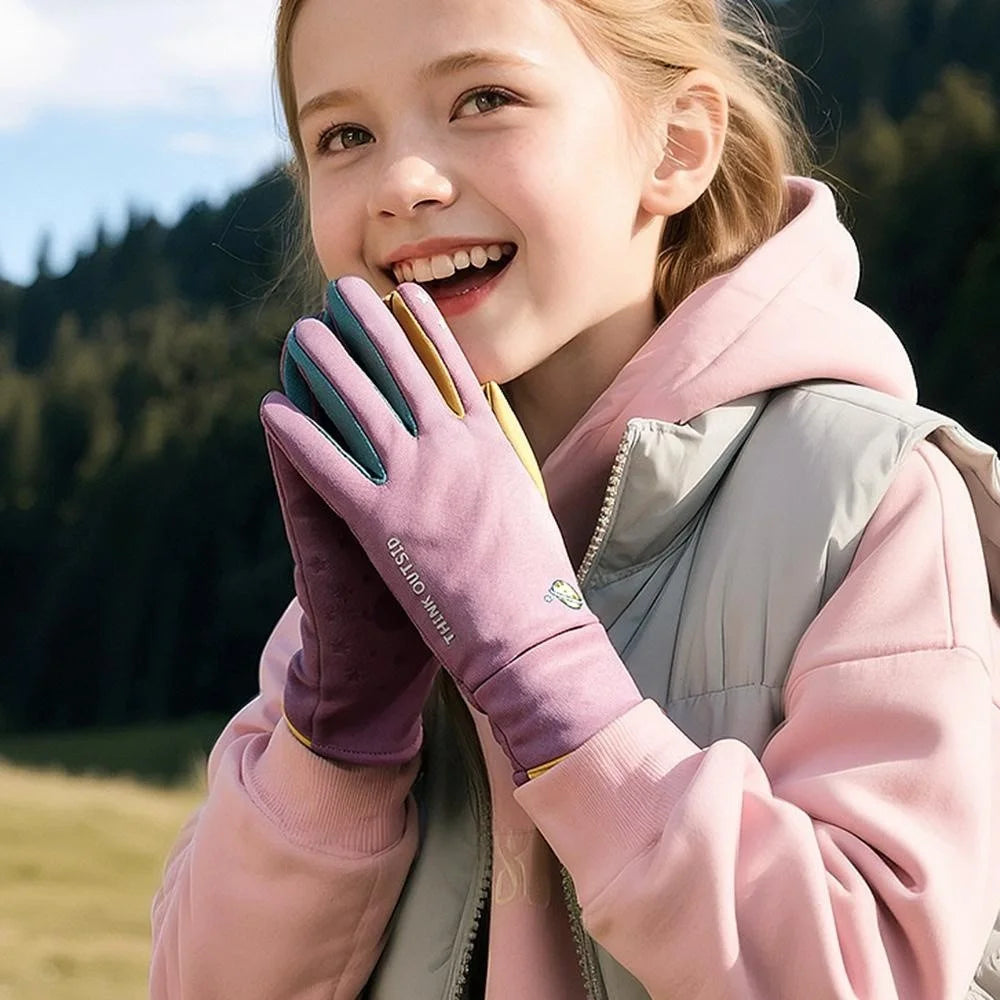 DRST41 Color Splicing Winter Gloves for Children Warm Fleece Lined Outdoor Cycling Non Slip Mittens - Purple - 2