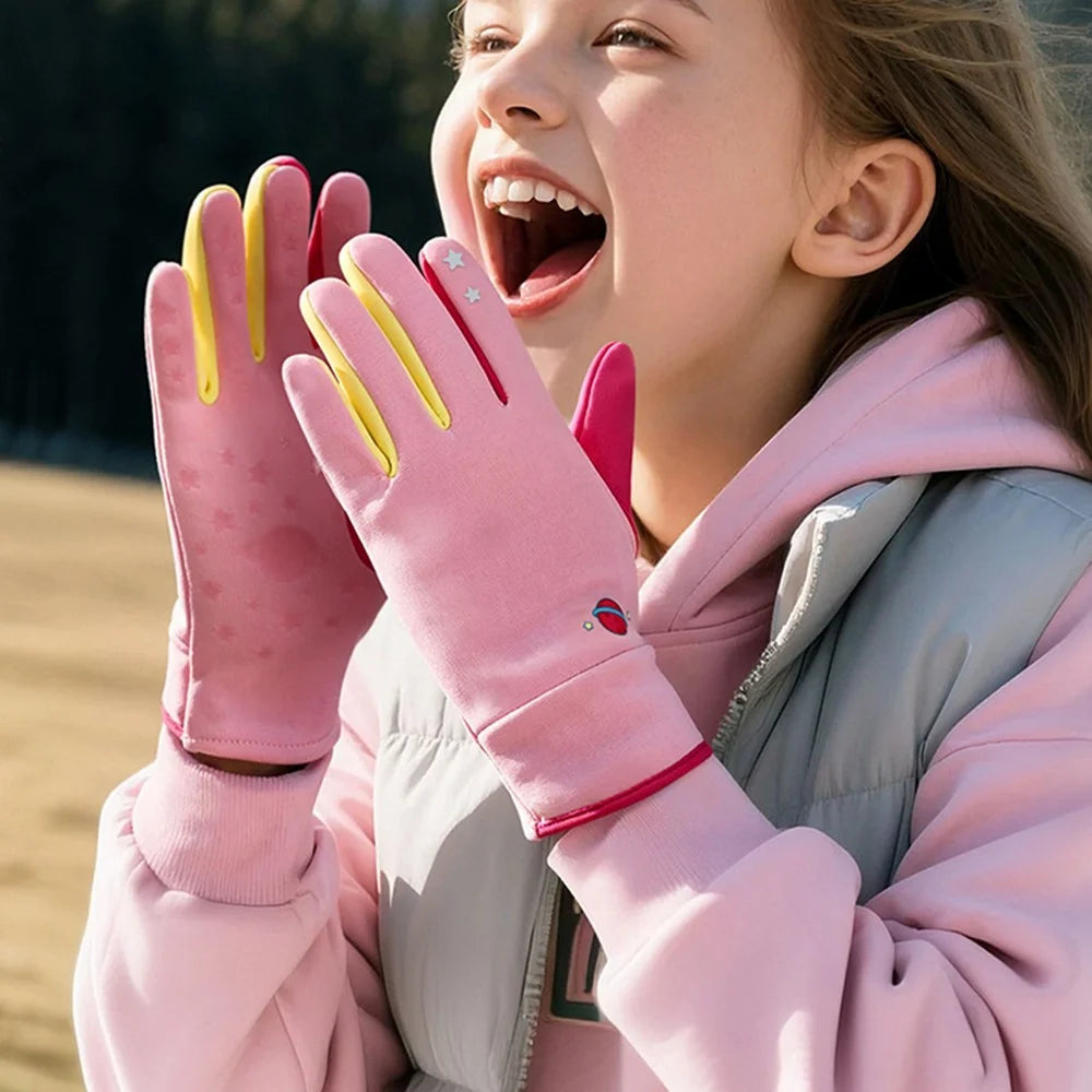 DRST41 Color Splicing Winter Gloves for Children Warm Fleece Lined Outdoor Cycling Non Slip Mittens - Purple - 5