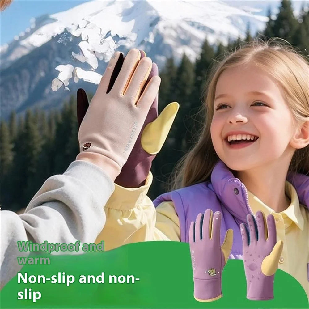 DRST41 Color Splicing Winter Gloves for Children Warm Fleece Lined Outdoor Cycling Non Slip Mittens - Purple - 6