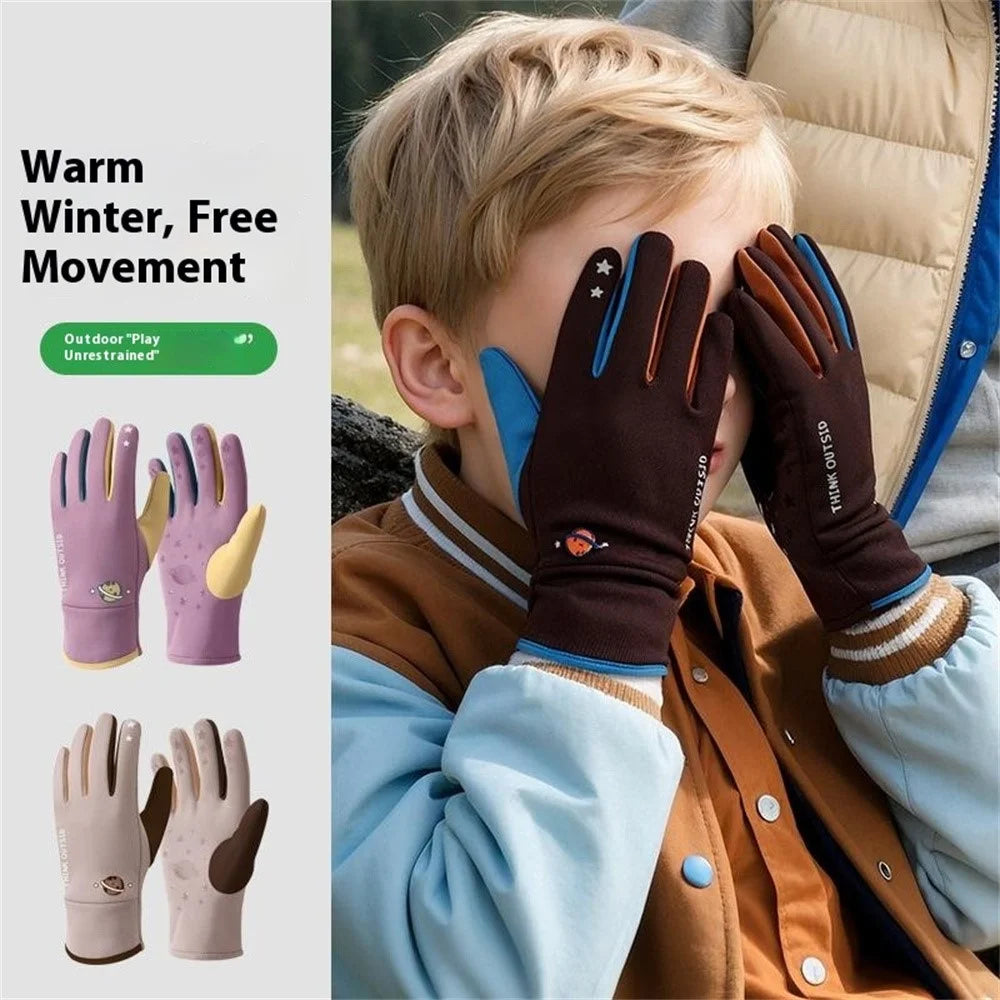 DRST41 Color Splicing Winter Gloves for Children Warm Fleece Lined Outdoor Cycling Non Slip Mittens - Purple - 7