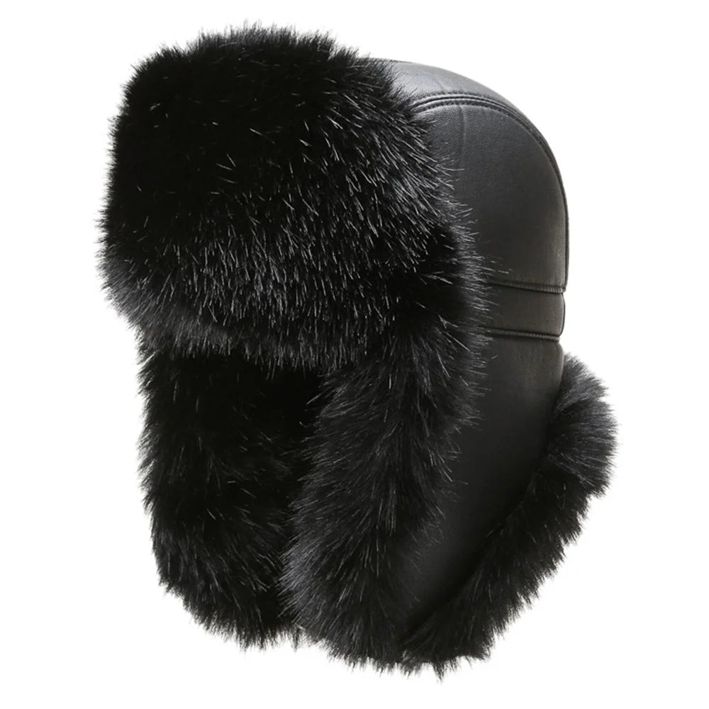 Winter Thicken PU Ushanka Hat Adjustable Windproof Warm Ear Flap Faux Fur Leifeng Cap - 1
