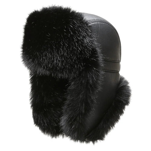 Winter Thicken PU Ushanka Hat Adjustable Windproof Warm Ear Flap Faux Fur Leifeng Cap - 1