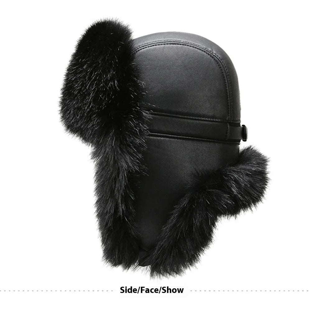 Winter Thicken PU Ushanka Hat Adjustable Windproof Warm Ear Flap Faux Fur Leifeng Cap - 3