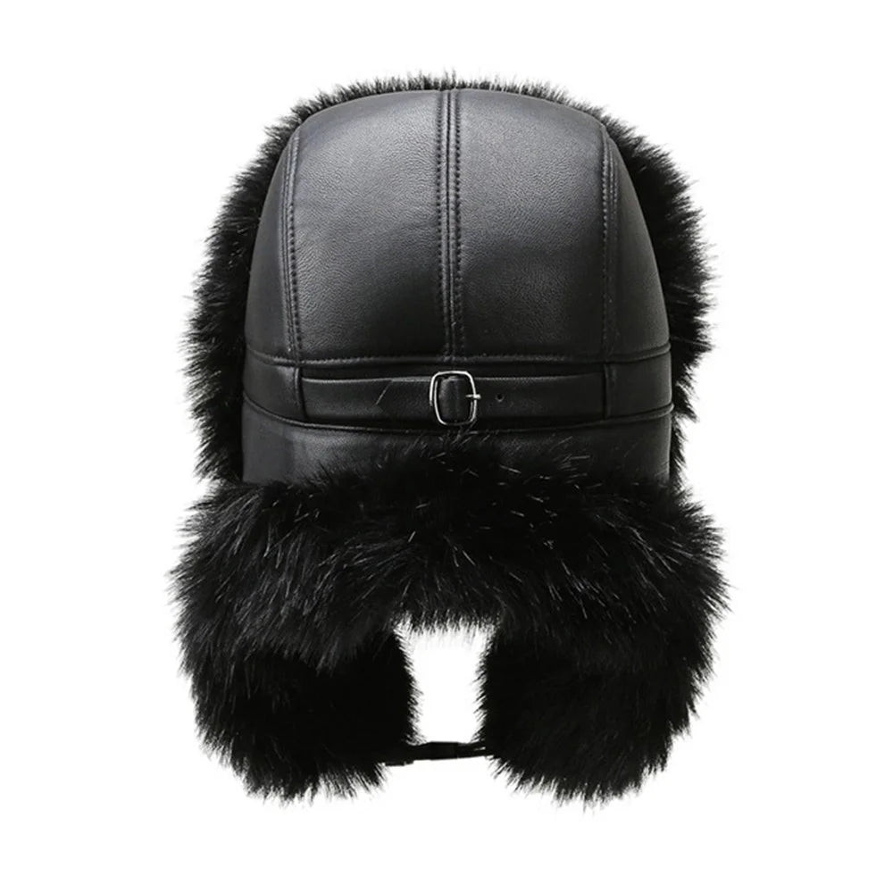 Winter Thicken PU Ushanka Hat Adjustable Windproof Warm Ear Flap Faux Fur Leifeng Cap - 4