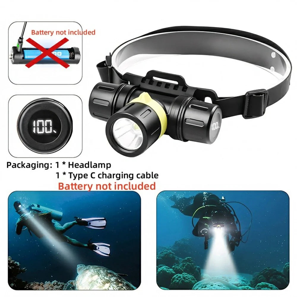 D1379 Professional XHP70 LED Scuba Diving Headlamp IPX8 Waterproof High Low Beam Underwater Head Torch (No Battery) - 7