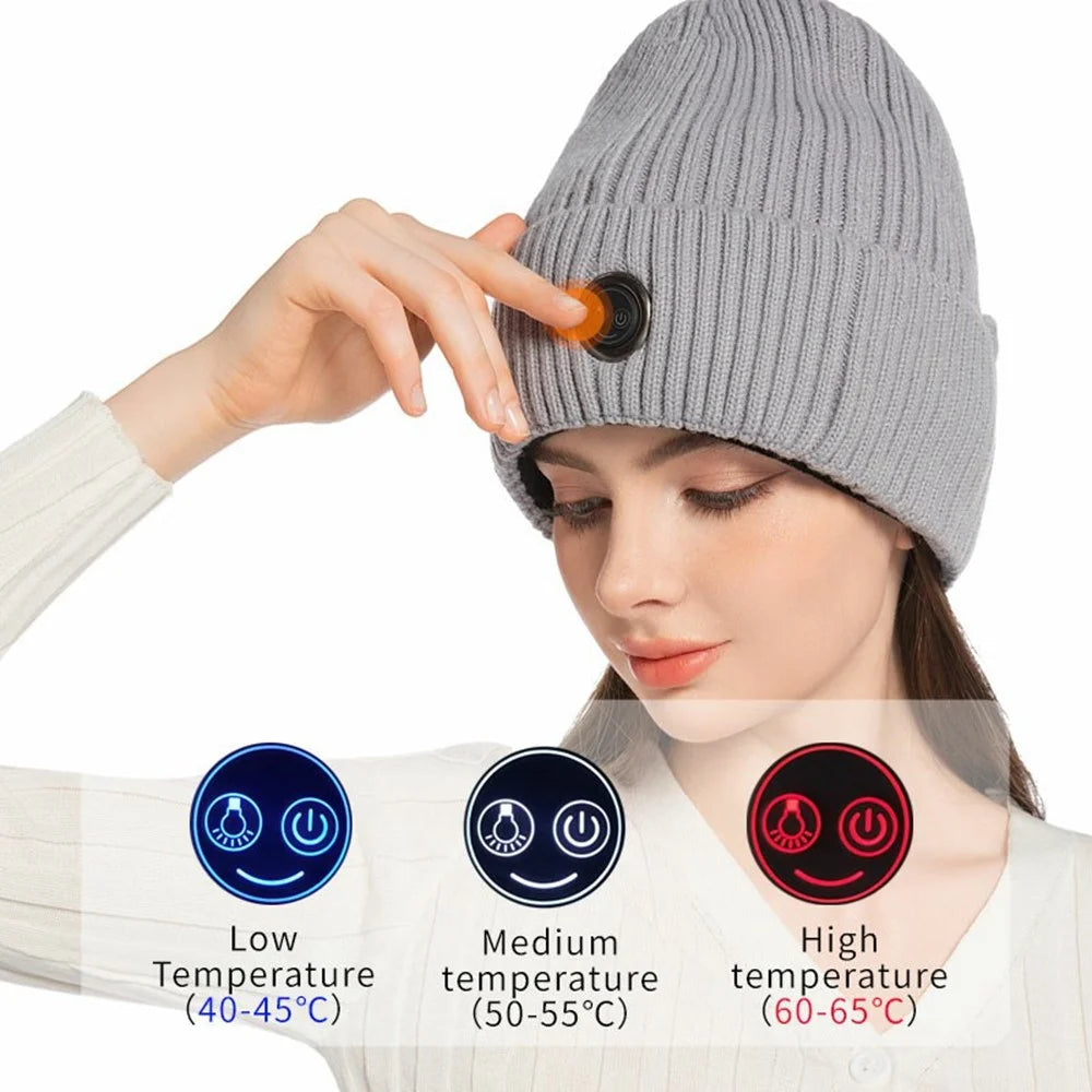 Winter Fleece Lined Heated Beanie with 5000mAh Battery 3 Gears Electric Heating Cap for Outdoor Skiing - Grey - 4