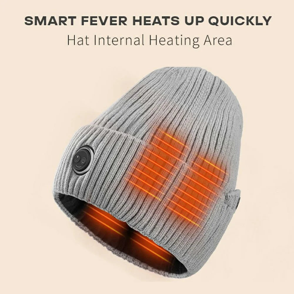 Winter Fleece Lined Heated Beanie with 5000mAh Battery 3 Gears Electric Heating Cap for Outdoor Skiing - Grey - 7