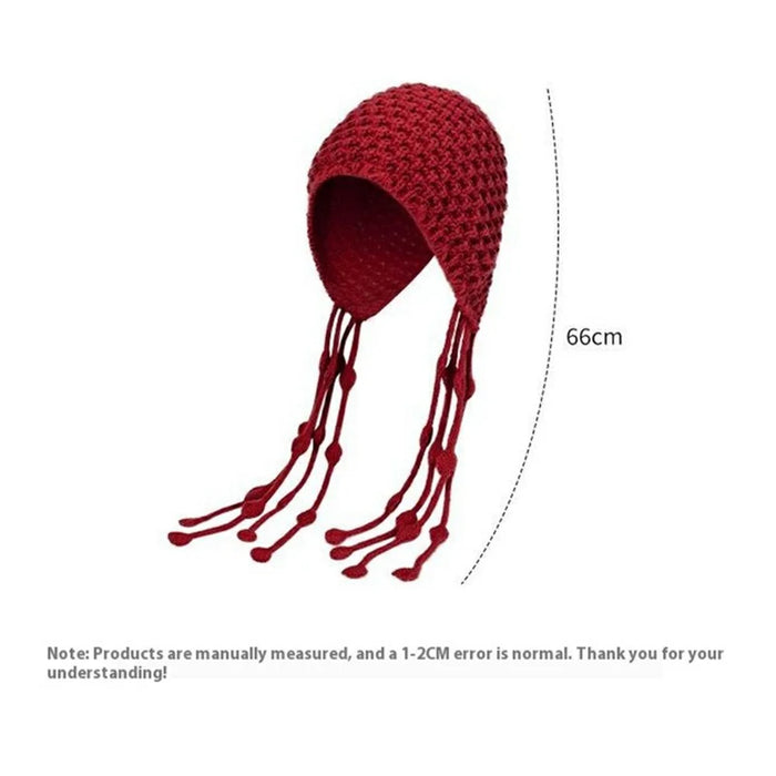 DMZ117 Handmade Knit Beanie Hat for Women Earflap Design Openwork Crochet Winter Skull Cap with Tassels - Wine Red - 7