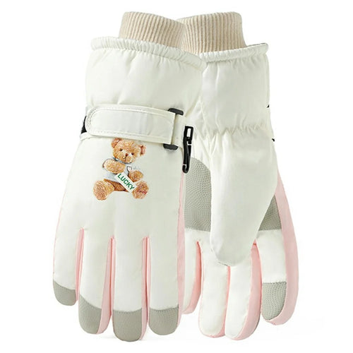 Windproof Skiing Gloves for Boys Girls Bear Print Fleece Lined Kids Winter Touchscreen Gloves - White  /  Pink - 1