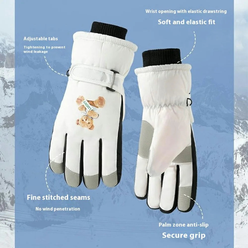 Windproof Skiing Gloves for Boys Girls Bear Print Fleece Lined Kids Winter Touchscreen Gloves - White  /  Pink - 2