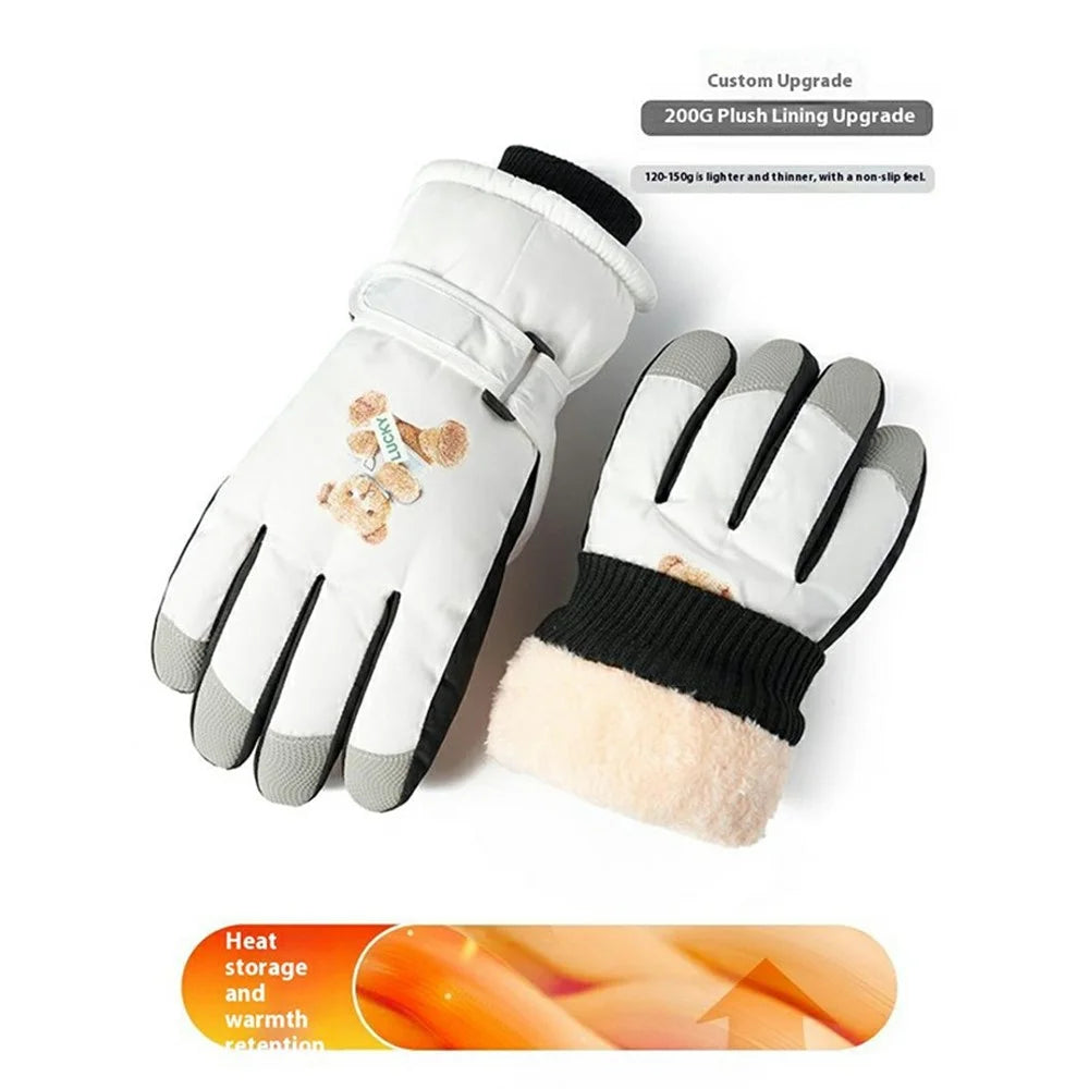 Windproof Skiing Gloves for Boys Girls Bear Print Fleece Lined Kids Winter Touchscreen Gloves - White  /  Pink - 3