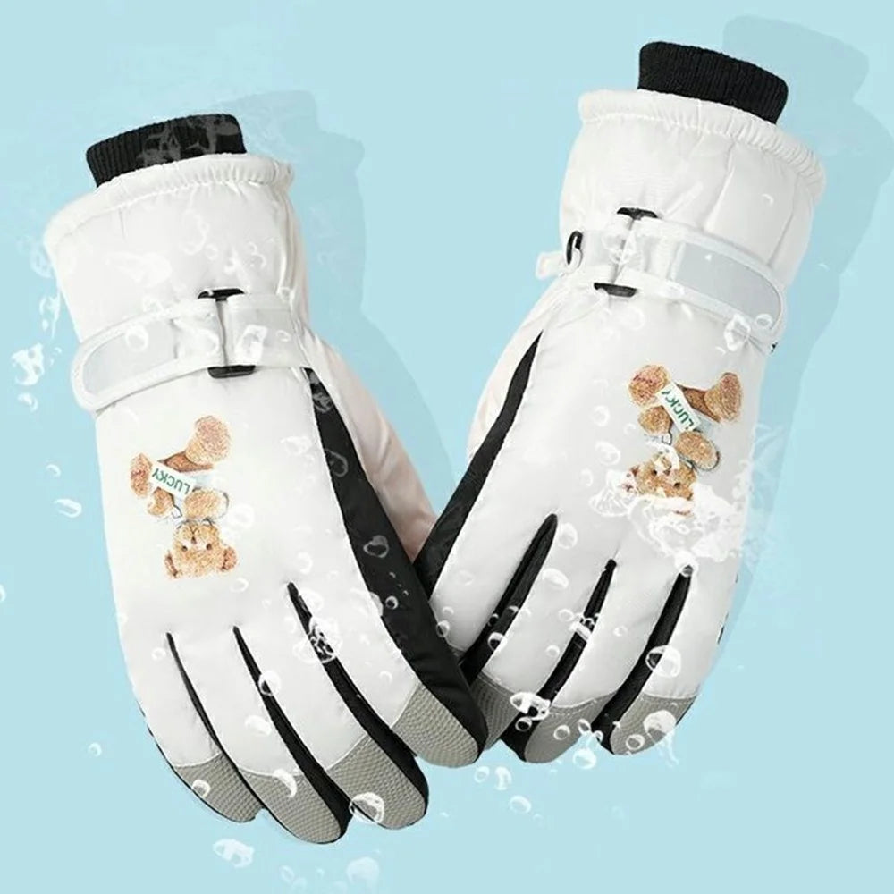 Windproof Skiing Gloves for Boys Girls Bear Print Fleece Lined Kids Winter Touchscreen Gloves - White  /  Pink - 5