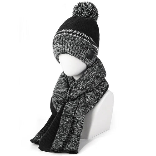 JUNGLEBILL 2Pcs / Set Winter Windproof Knit Scarf and Thermal Fleece Lined Beanie Hat with Pompom for Adult / Children - Black+Grey / Adult - 1