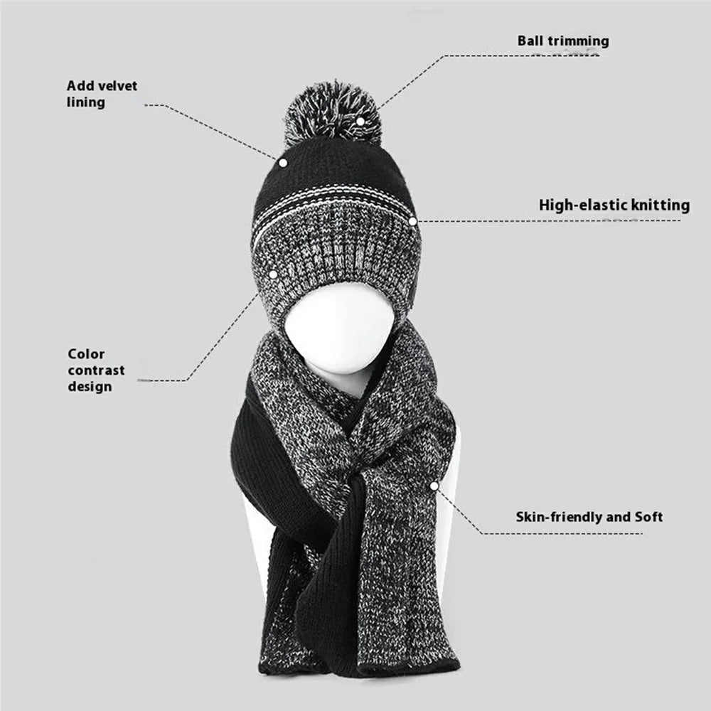 JUNGLEBILL 2Pcs / Set Winter Windproof Knit Scarf and Thermal Fleece Lined Beanie Hat with Pompom for Adult / Children - Black+Grey / Adult - 3