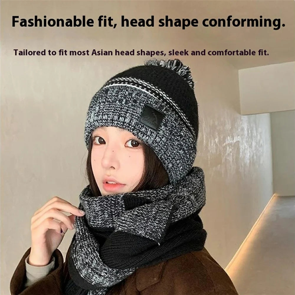 JUNGLEBILL 2Pcs / Set Winter Windproof Knit Scarf and Thermal Fleece Lined Beanie Hat with Pompom for Adult / Children - Black+Grey / Adult - 4