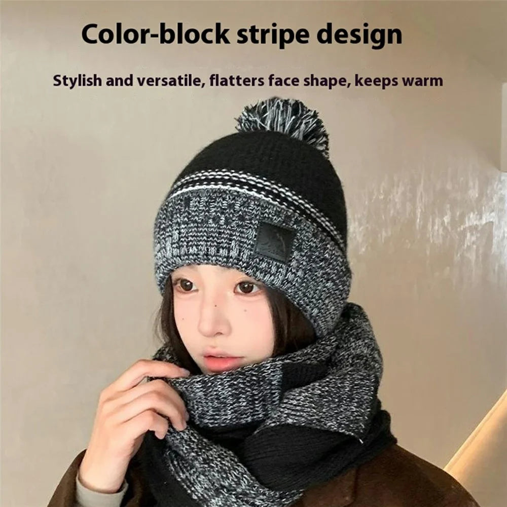 JUNGLEBILL 2Pcs / Set Winter Windproof Knit Scarf and Thermal Fleece Lined Beanie Hat with Pompom for Adult / Children - Black+Grey / Adult - 5