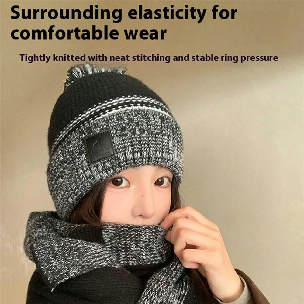 JUNGLEBILL 2Pcs / Set Winter Windproof Knit Scarf and Thermal Fleece Lined Beanie Hat with Pompom for Adult / Children - Black+Grey / Adult - 6