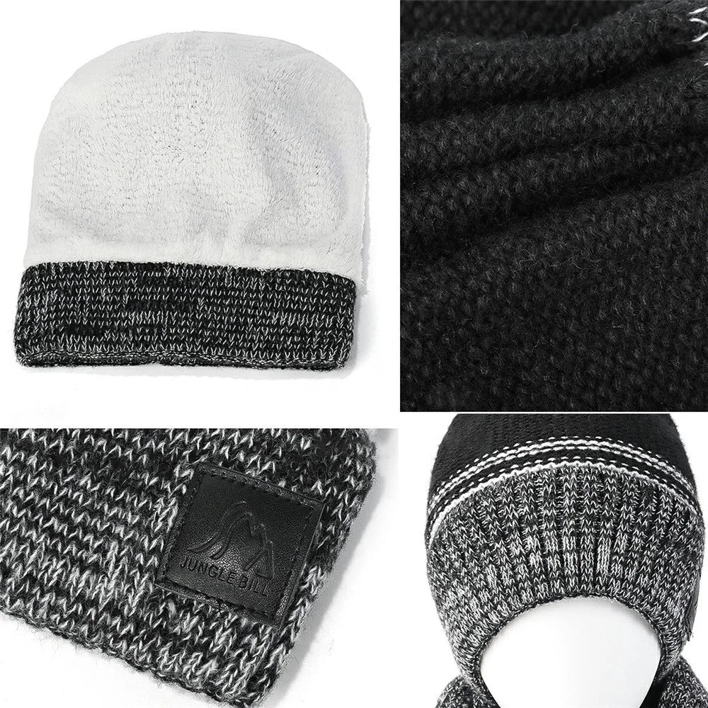 JUNGLEBILL 2Pcs / Set Winter Windproof Knit Scarf and Thermal Fleece Lined Beanie Hat with Pompom for Adult / Children - Black+Grey / Adult - 7