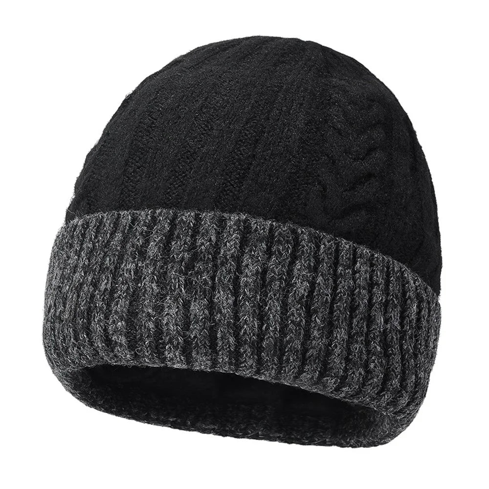 Winter Fleece Lined Knit Hat Color Block Ear Protection Elastic Beanie Cap for Men Women - Black - 1