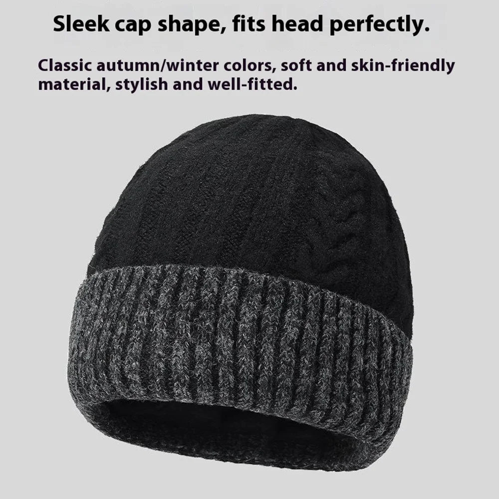 Winter Fleece Lined Knit Hat Color Block Ear Protection Elastic Beanie Cap for Men Women - Black - 4