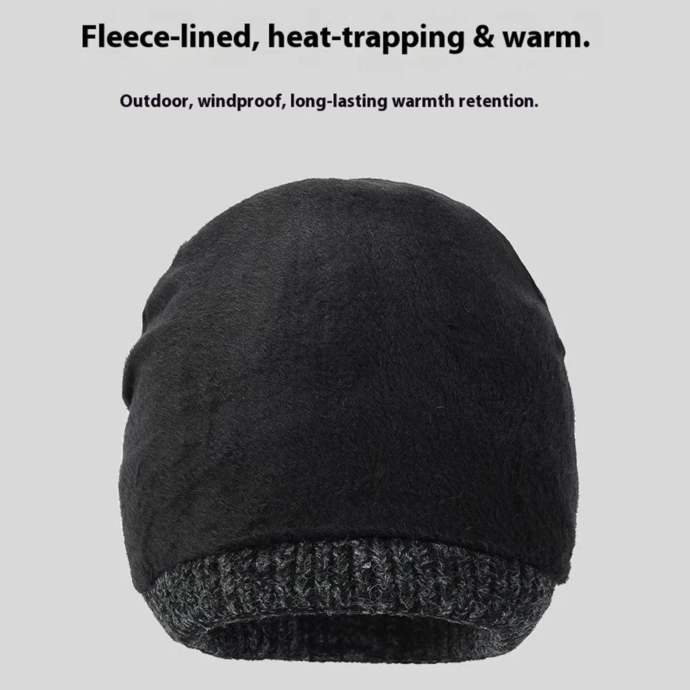 Winter Fleece Lined Knit Hat Color Block Ear Protection Elastic Beanie Cap for Men Women - Black - 5