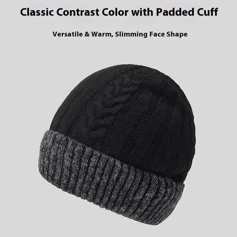 Winter Fleece Lined Knit Hat Color Block Ear Protection Elastic Beanie Cap for Men Women - Black - 6
