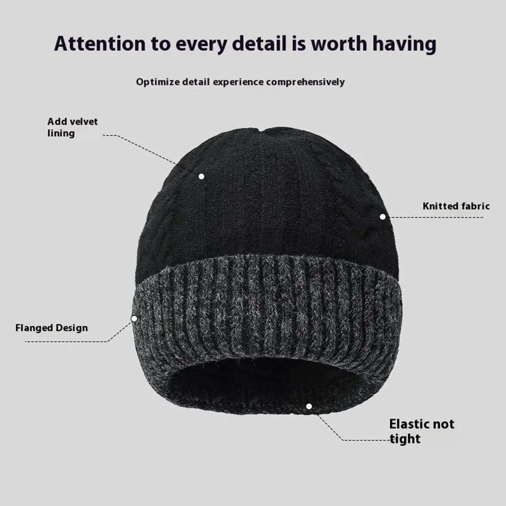 Winter Fleece Lined Knit Hat Color Block Ear Protection Elastic Beanie Cap for Men Women - Black - 7